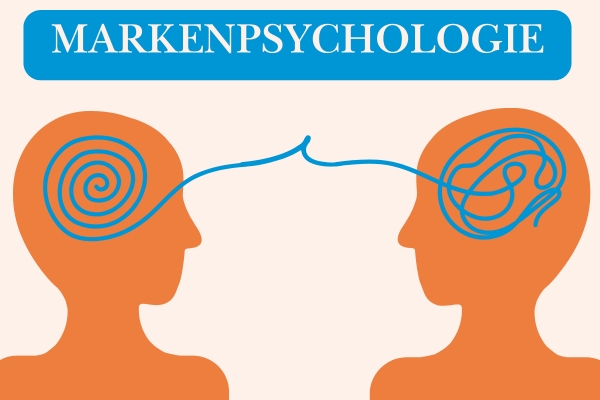 Zwei orangene Gesichter im Profil mit der blauen Überschrift: Markenpsychologie